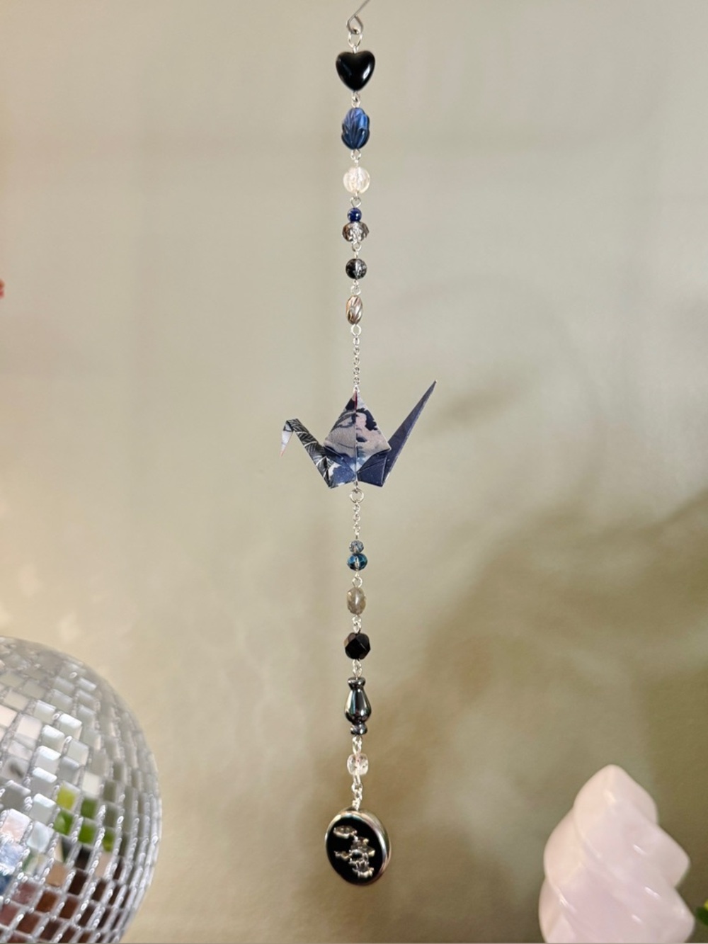 Origami Ornament #2523 - Small Crane with Repurposed Pendant